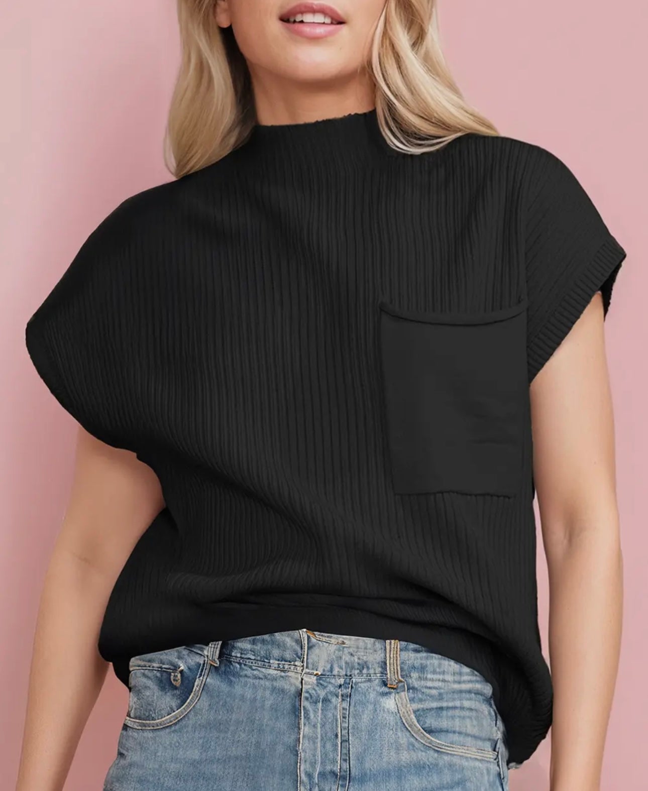 Patch Pocket Ribbed Knit Short Sleeve Sweater