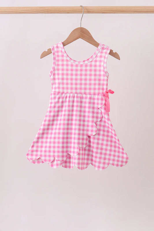 Pink Performance Gingham Bow Scalloped Dress