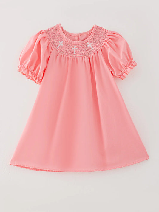 Coral Smocked Christening Dress