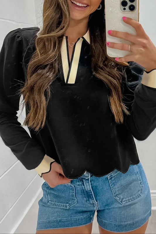 Scallop Trim Color Block Long Sleeve Collared Top