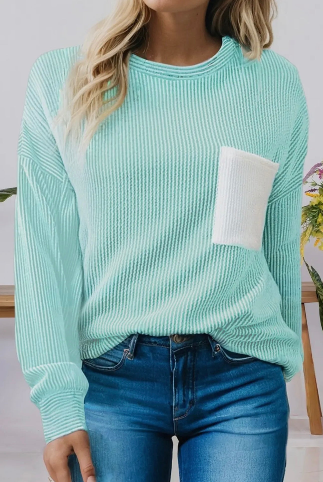Ribbed Contrast Patch Pocket Long Sleeve Top