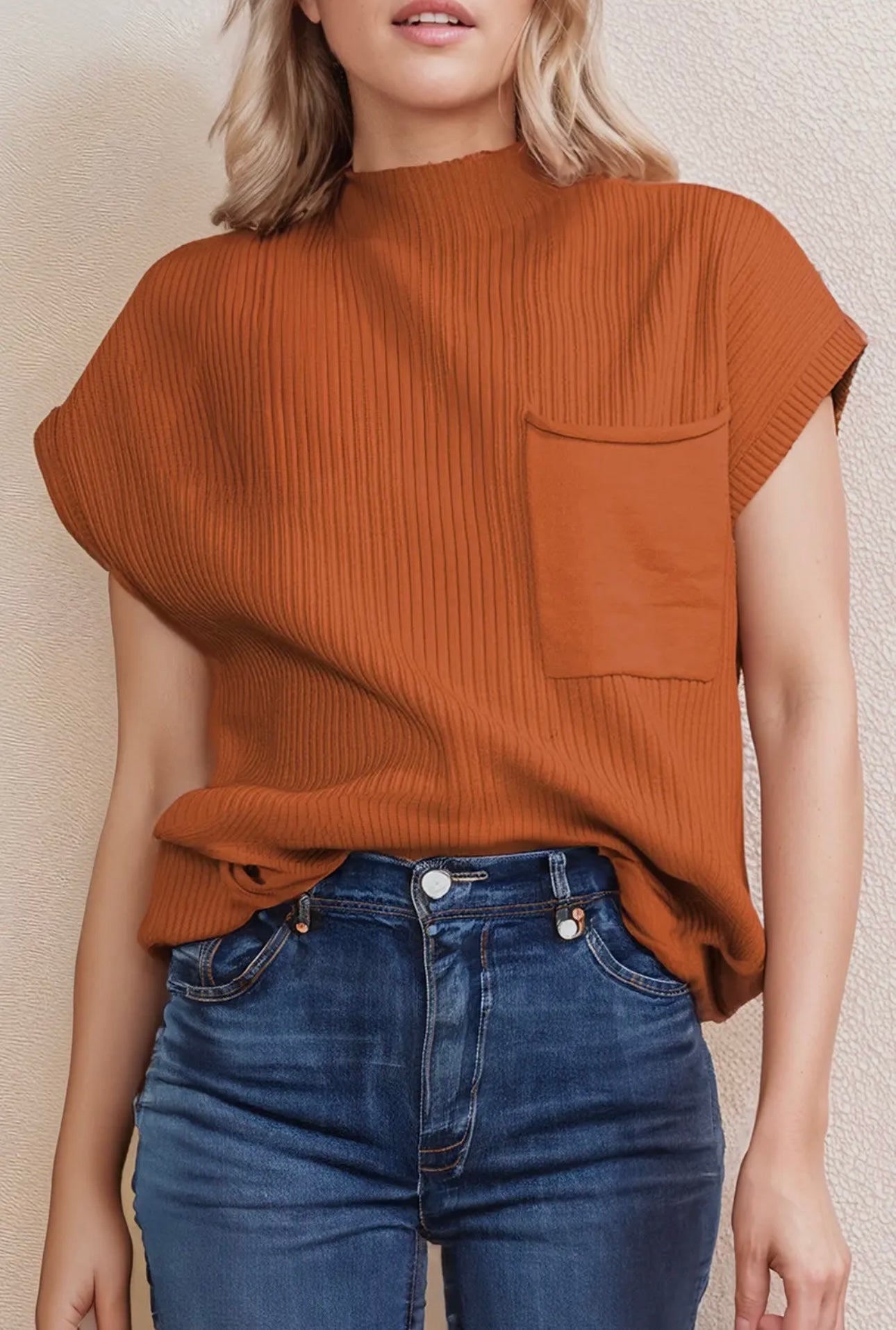 Patch Pocket Ribbed Knit Short Sleeve Sweater