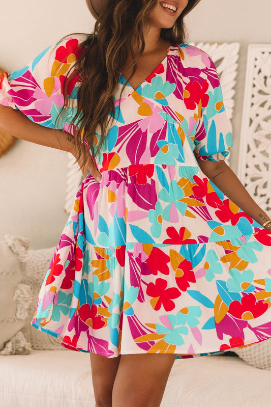 Floral Bubble Sleeve V Neck Babydoll Dress